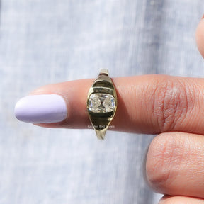 In finger front View of Old Mine Cushion Cut Moissanite Ring