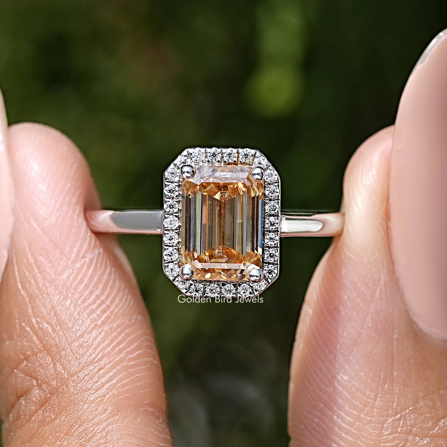 Emerald Cut Moissanite Halo Engagement Ring