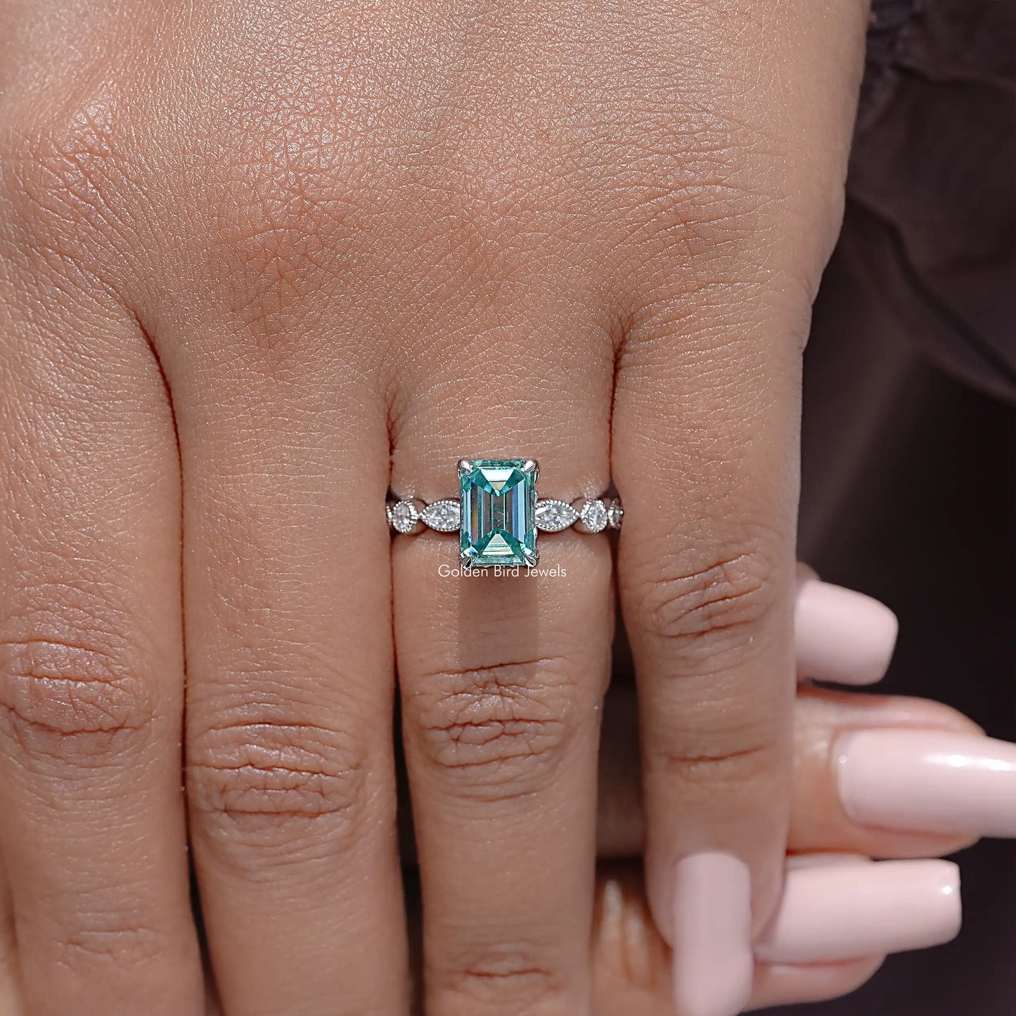 Emerald Cut Moissanite Gemstone Engagement Ring