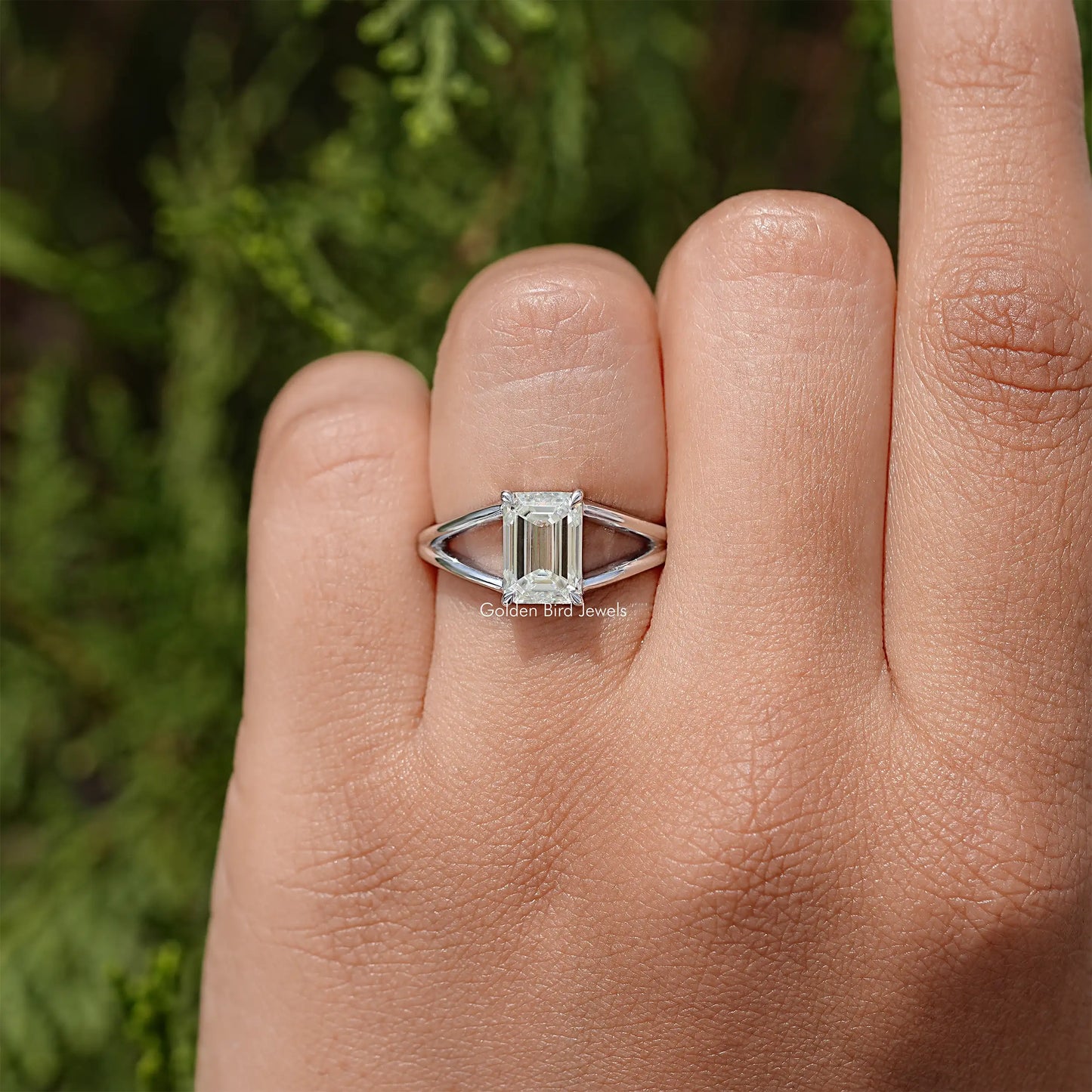 Emerald Cut Moissanite Gemstone Split Shank Ring