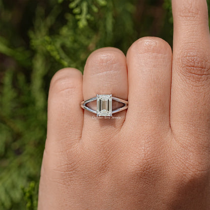Emerald Cut Moissanite Gemstone Split Shank Ring