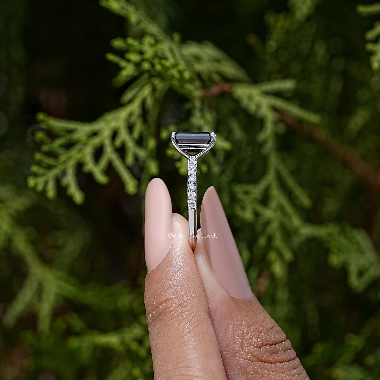 Black Emerald Cut Moissanite Gemstone Accent Ring