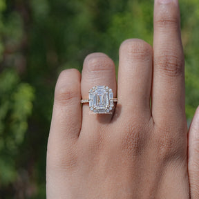 Emerald And Baguette Moissanite Halo Engagement Ring