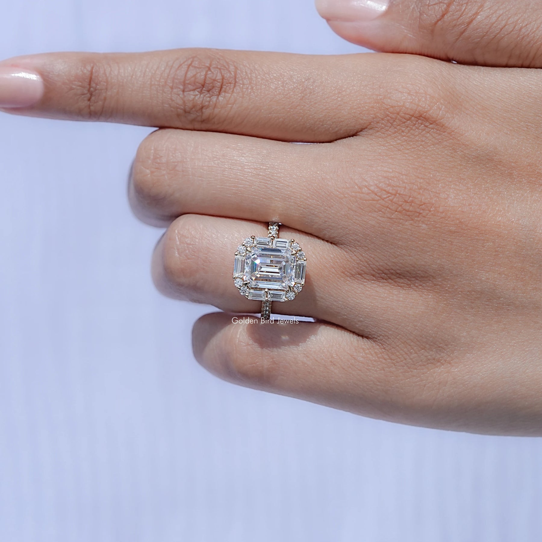 Emerald And Baguette Moissanite Halo Engagement Ring