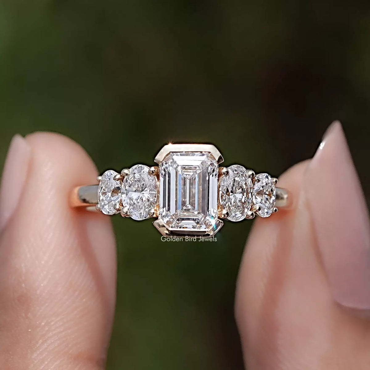 Emerald And Oval Lab Diamond Five Stone Ring