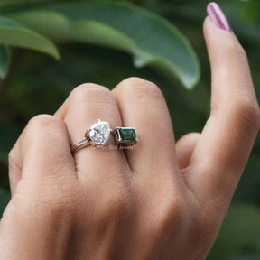 [In Finger a Pear And Emerald Cut Moissanite Ring In Four Claw Prong Setting]-[Golden Bird Jewels]