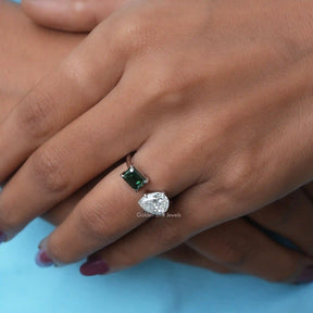 [In Finger a Moissanite 2 Stone Engagement Ring In 18k White Gold]-[Golden Bird Jewels]
