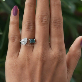 [In Finger Front View Of a Moissanite 2 Stone Engagement Ring]-[Golden Bird Jewels]