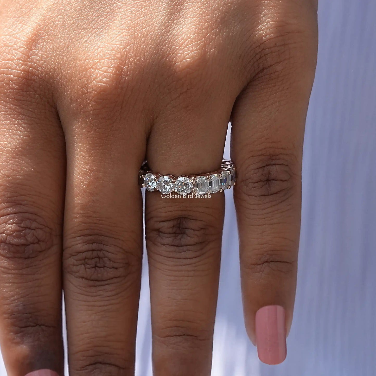 Half Emerald & Round Cut Moissanite Band