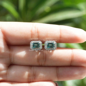 [This earrings made of green emerald cut moissanite]-[Golden Bird Jewels]