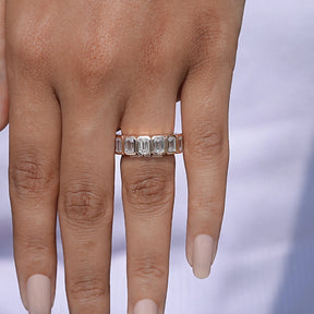 View of Diamond Cut Bezel Set Eternity Band In Finger 