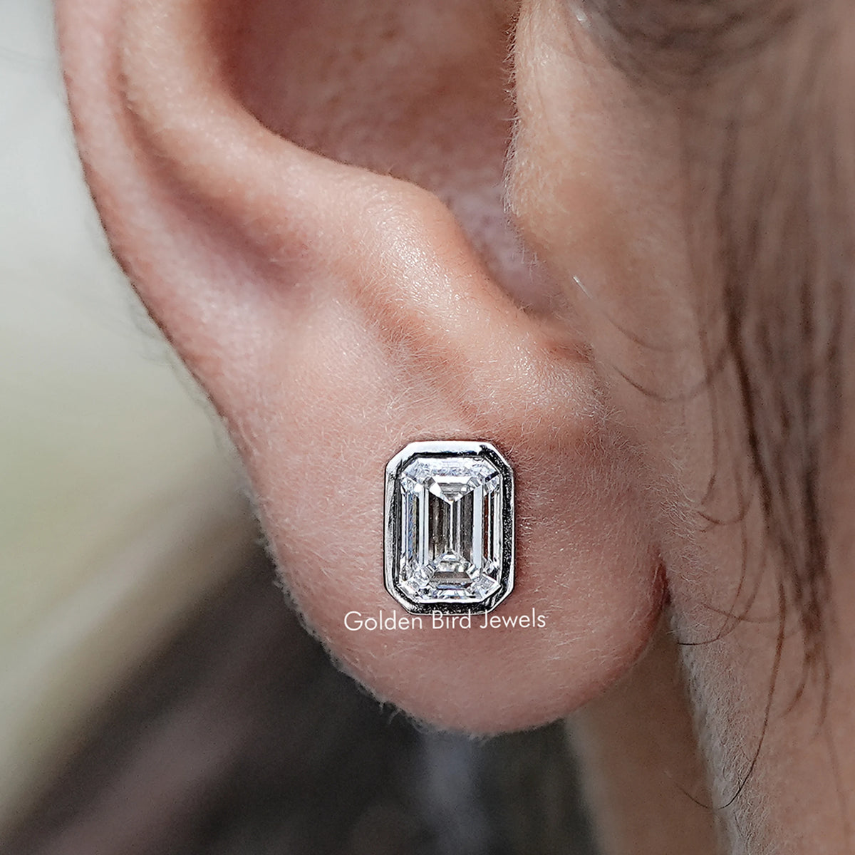 Emerald Cut Lab Diamond Bezel Set Stud Earrings