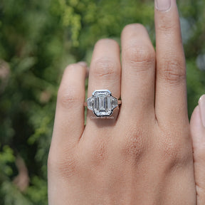 Bezel Set Emerald Cut Lab Diamond Three Stone Ring