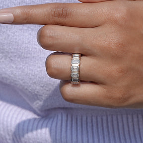 Detailed View of Emerald Cut Diamond Eternity Wedding Band In Yellow Gold