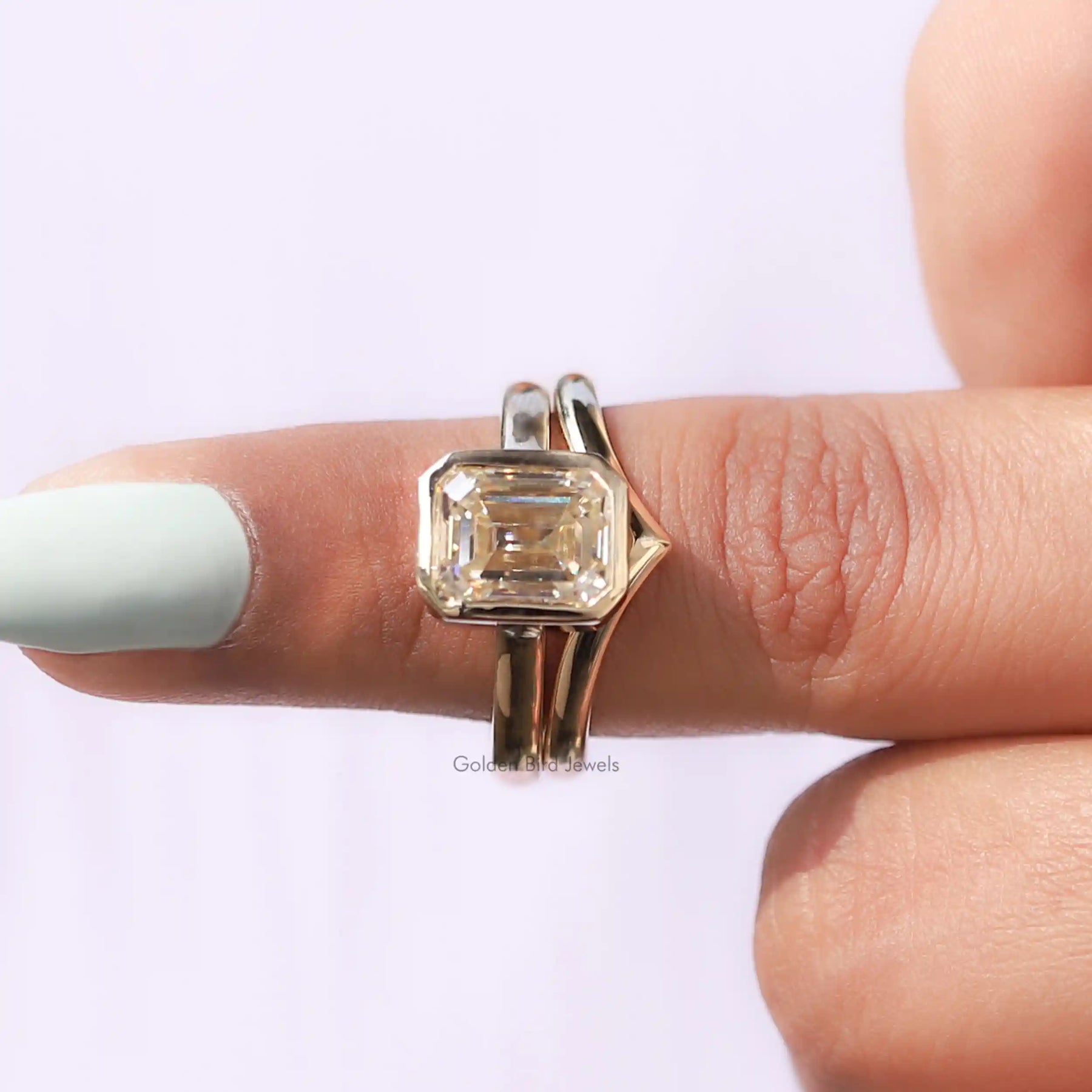 [Front view of off white emerald cut moissanite ring]-[Golden Bird Jewels]