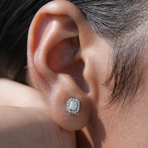 Detailed view of moissanite earrings in secure setting