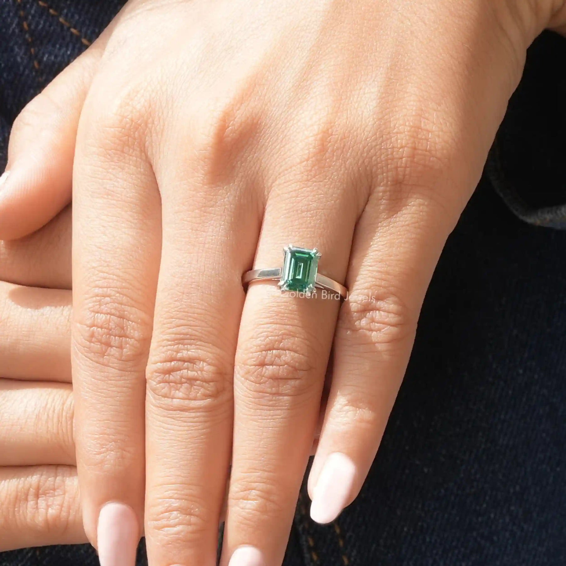 [White Gold Emerald Cut Moissanite Solitaire Ring]-[Golden Bird Jewels]