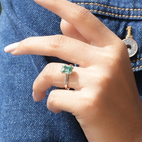 [Green Emerald Cut Moissanite Engagement Ring]-[Golden Bird Jewels]