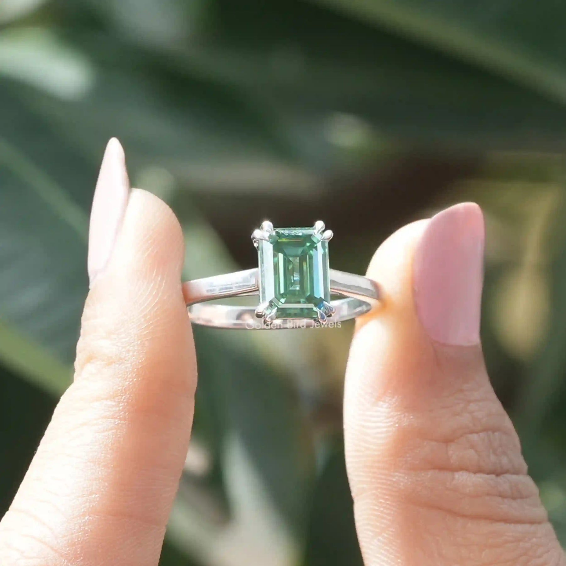 [Green Emerald Cut Moissanite Solitaire Engagement Ring]-[Golden Bird Jewels]