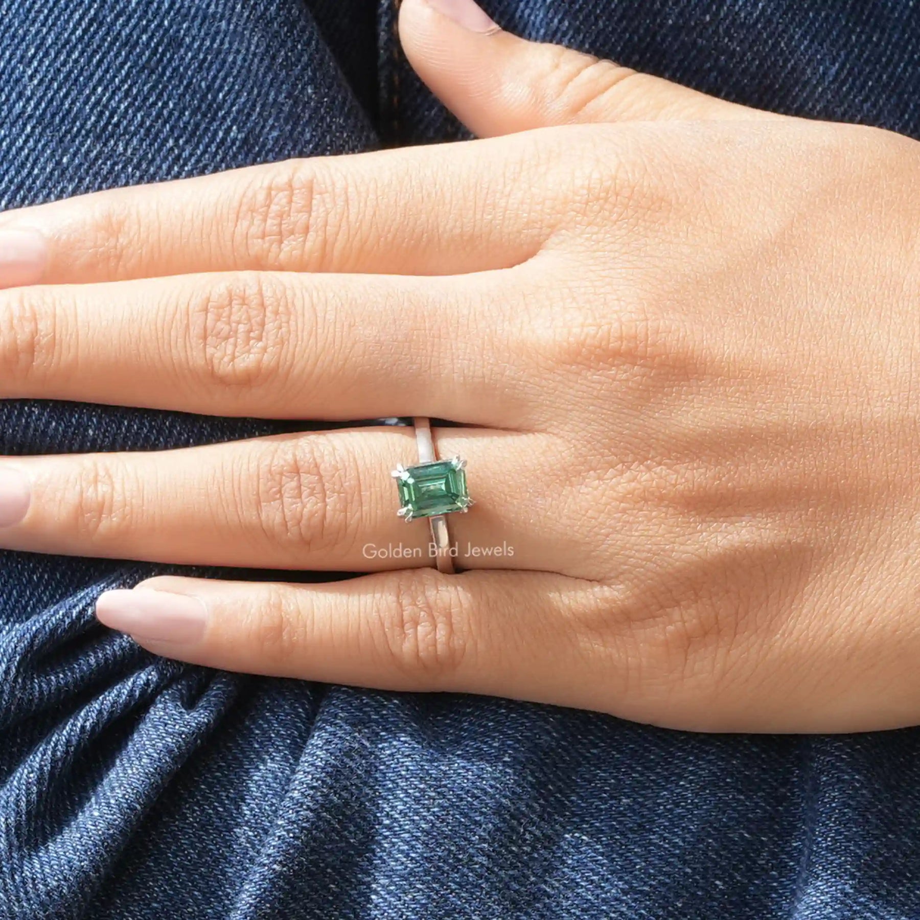 [Solitaire Emerald Cut Moissanite Engagement Ring]-[Golden Bird Jewels]