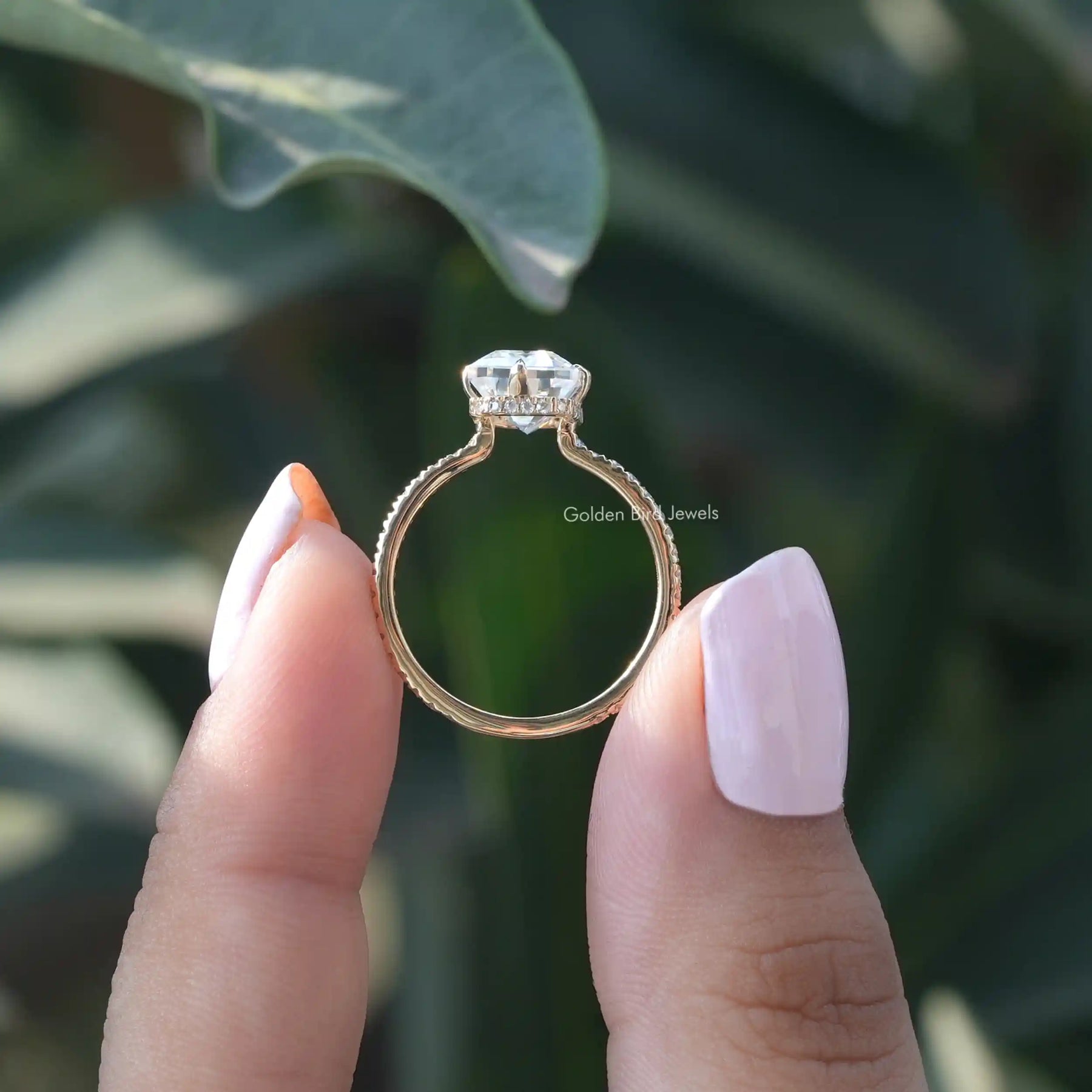 [Moissanite Emerald And Round Cut Engagement Ring]-[Golden Bird Jewels]