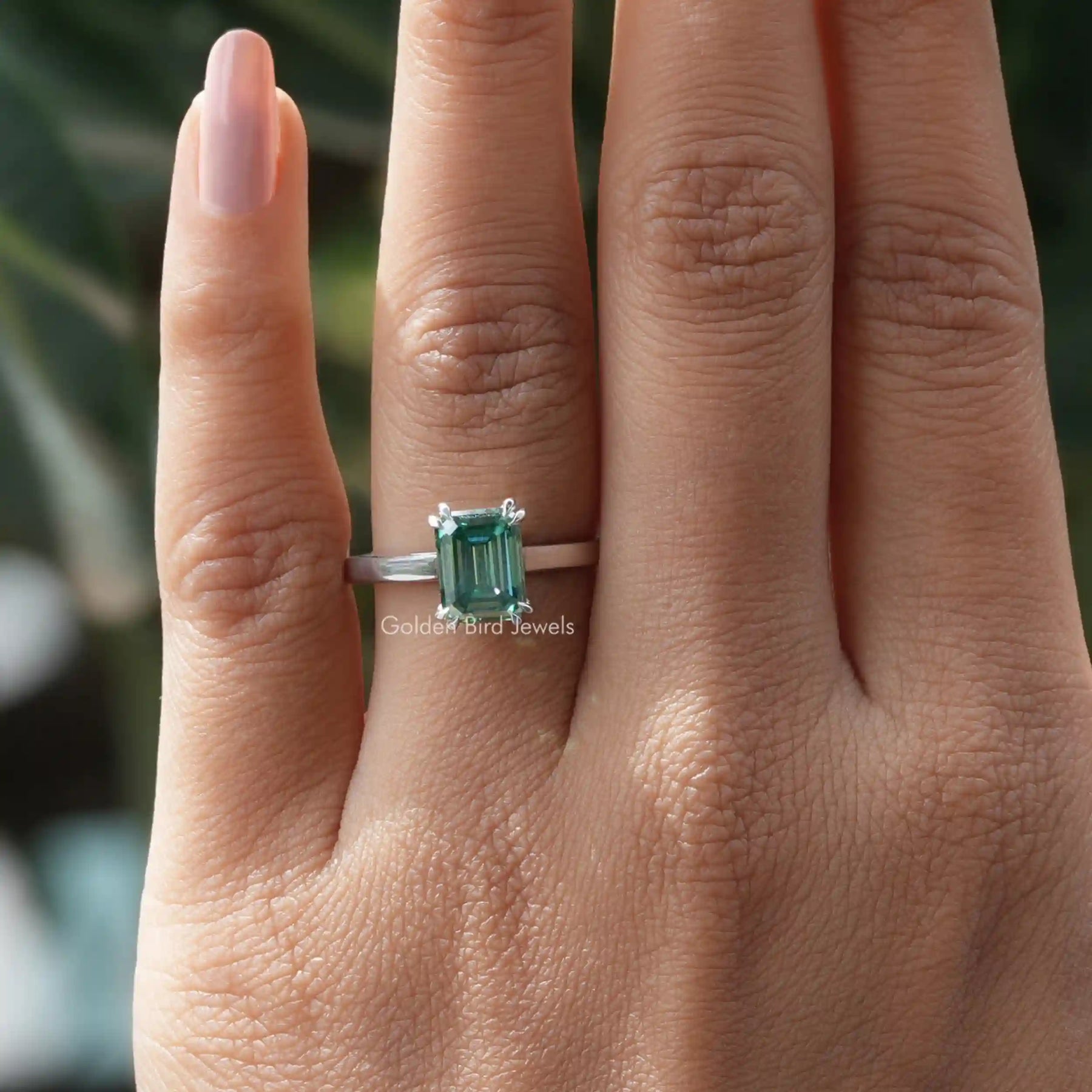 [Moissanite Emerald Cut Solitaire Engagement Ring In White Gold]-[Golden Bird Jewels]