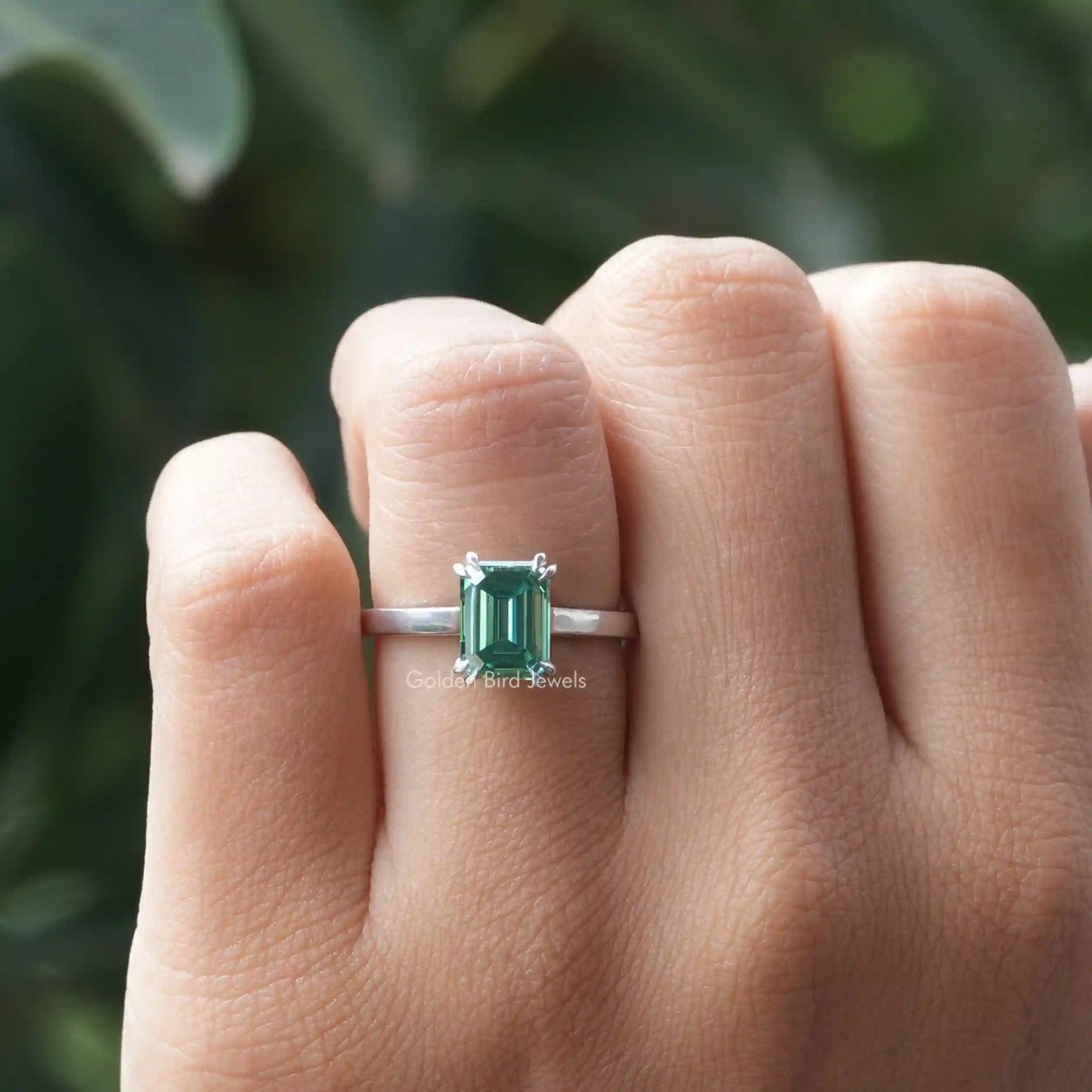 [Double Prong Emerald Cut Moissanite Ring]-[Golden Bird Jewels]