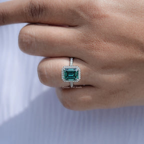 Emerald Moissanite Halo Accent Engagement Ring