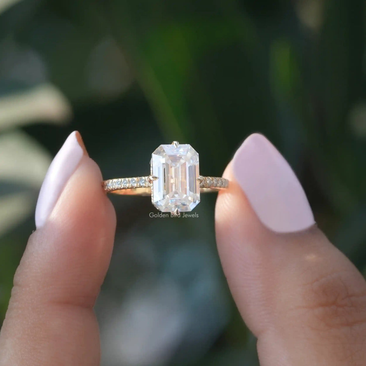 [Emerald Cut Moissanite Hidden Halo Engagement Ring]-[Golden Bird Jewels]
