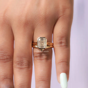 [Emerald cut moissanite ring set in bezel setting crafted with 14k yellow gold]-[Golden Bird Jewels]