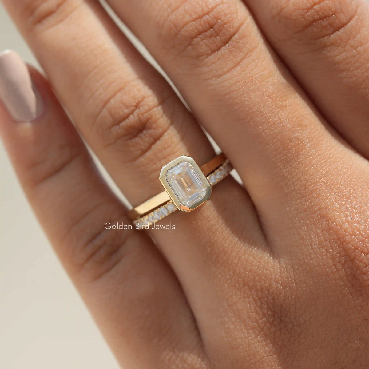 [Emerald Cut Moissanite Solitaire Wedding Ring Set]-[Golden Bird Jewels]