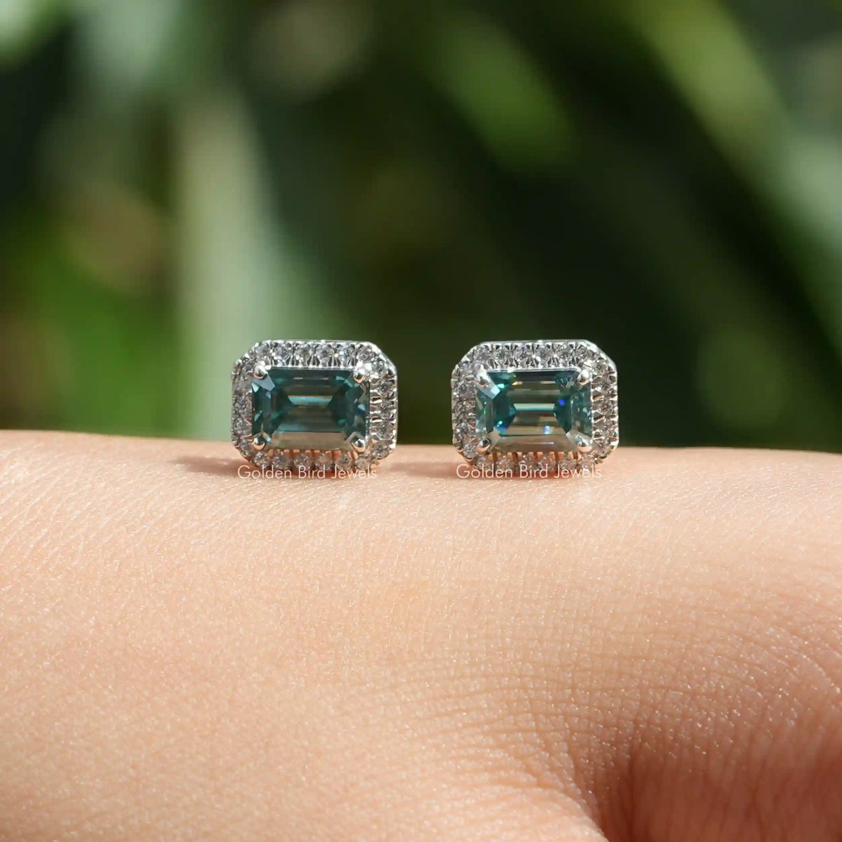 [Front view of green emerald cut moissanite earrings made of halo style]-[Golden Bird Jewels]