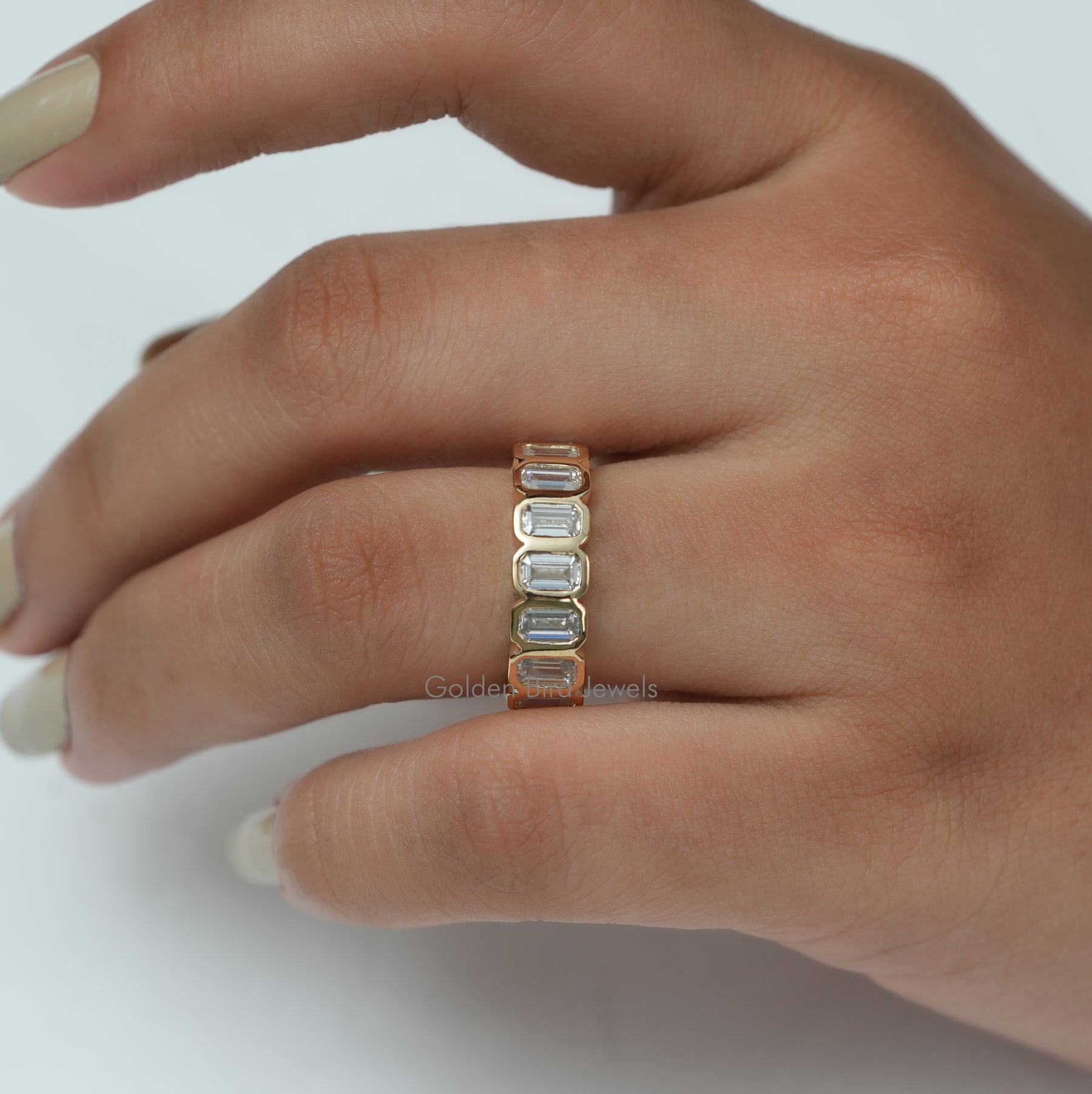 [Moissanite Eternity Wedding Band Made Of Emerald Cut Stones]-[Golden Bird Jewels]