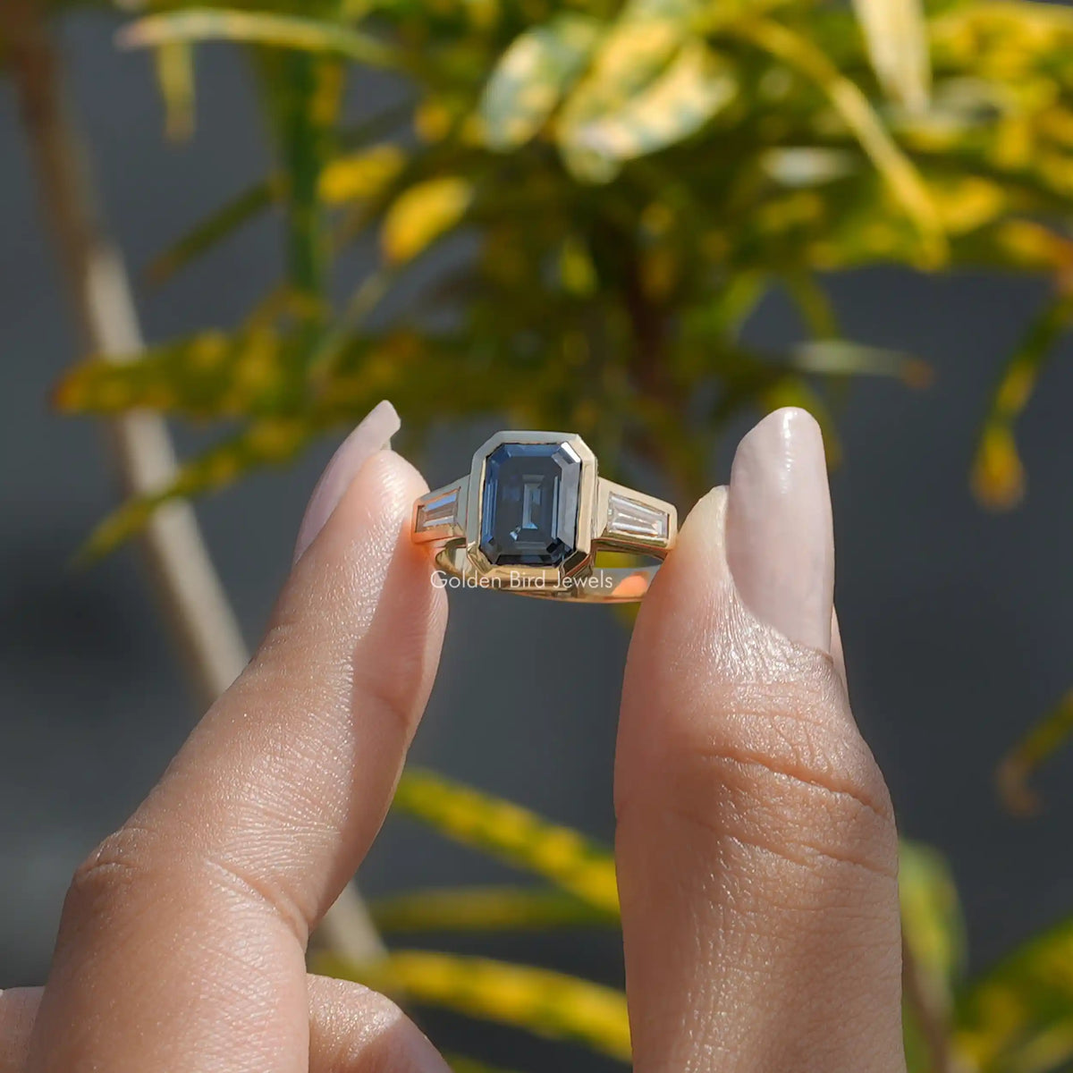 [3 Carat Emerald Cut Moissanite Bezel Set Ring]-[Golden Bird Jewels]