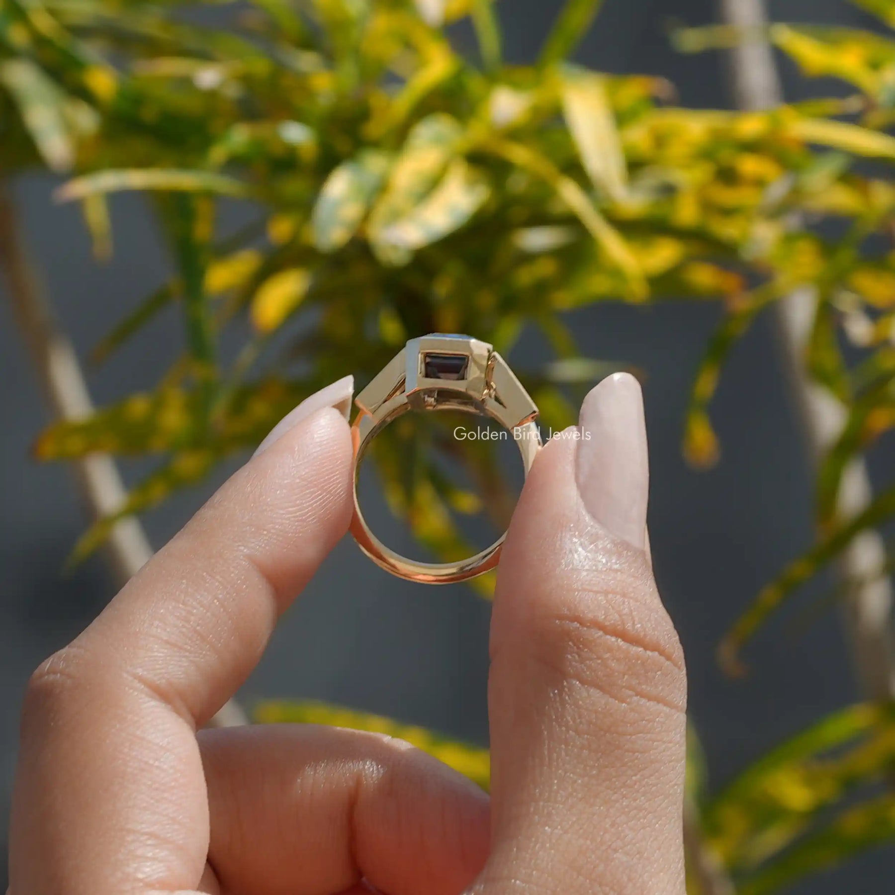 [Emerald Cut Moissanite Bezel Set Ring In Yellow Gold]-[Golden Bird Jewels]