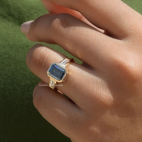 [Emerald Cut Moissanite Ring Set In Bezel Setting]-[Golden Bird Jewels]
