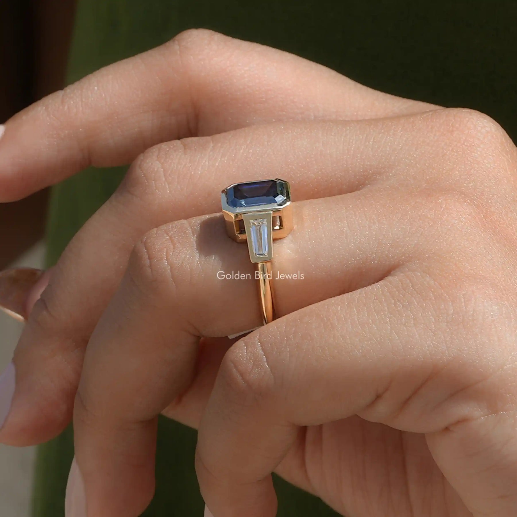 [Blue Emerald Cut Moissanite Bezel Set Ring]-[Golden Bird Jewels]