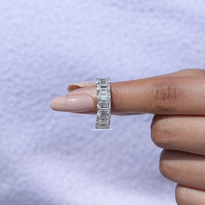 In finger front View of Emerald Cut Diamond Eternity Band In White Gold
