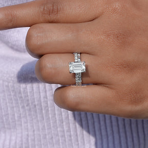 Elegant Diamond Emerald Cut Bridal Ring worn on finger