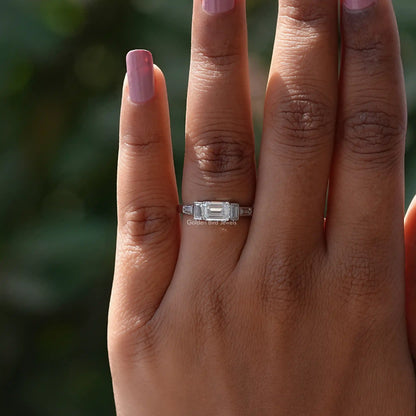Detailed View Of Emerald Cut Moissanite Five Stone Ring In White Gold