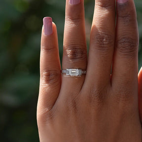 Detailed View Of Emerald Cut Moissanite Five Stone Ring In White Gold