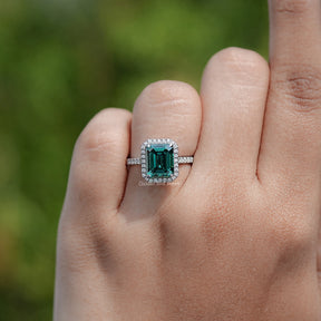Emerald Moissanite Halo Accent Engagement Ring