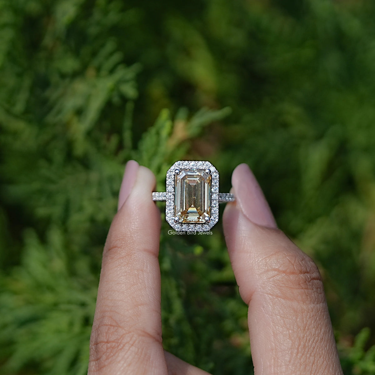 Emerald Moissanite Halo Engagement Ring