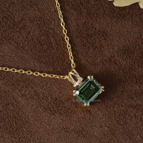 [Moissanite green emerald cut solitaire pendant crafted with prong setting]-[Golden Bird Jewels]