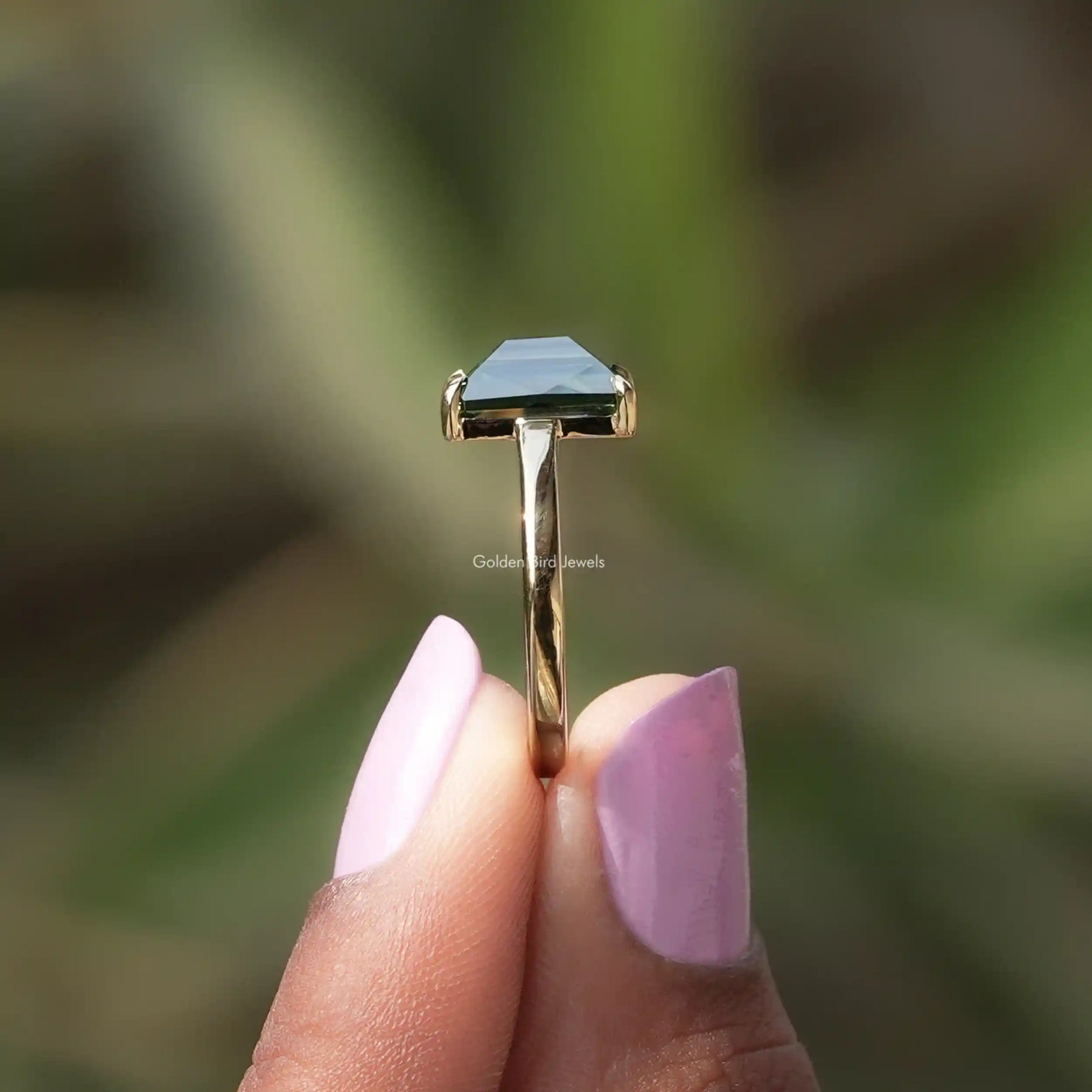 [Moissanite Rose Cut Emerald Cut Solitaire Engagement Ring]-[Golden Bird Jewels]