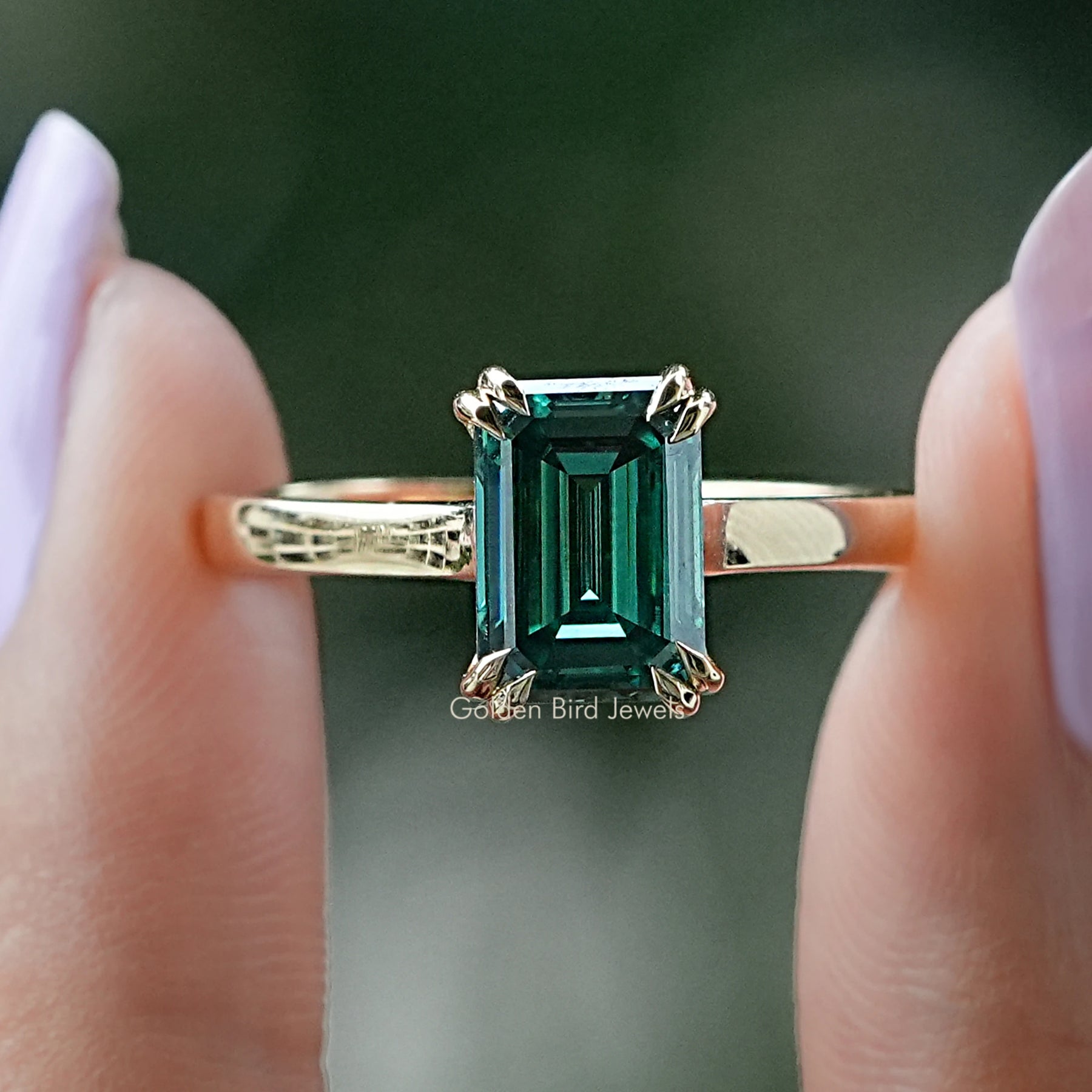 Front view of Emerald Cut Moissanite Solitaire Ring 