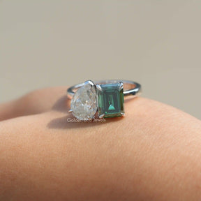 [Emerald & Pear Cut Moissanite Toi Moi Ring Made In 18k White Gold]-[Golden Bird Jewels]