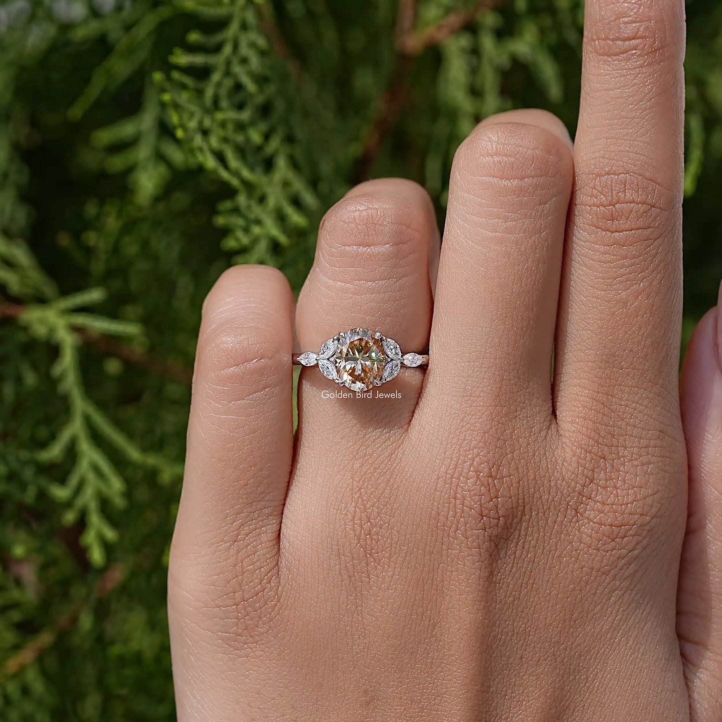 Oval Moissanite Gemstone Leaves Side Stone Wedding Ring