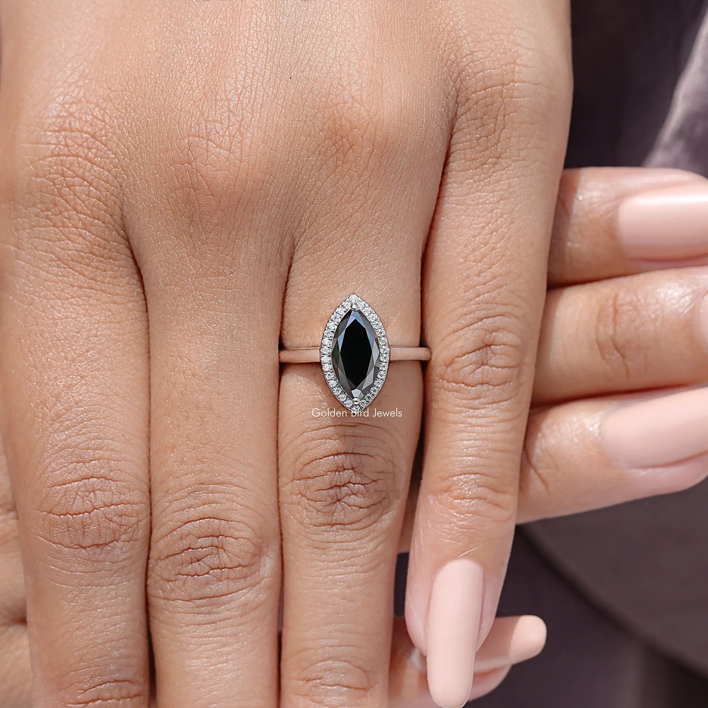 Black Marquise Moissanite Halo Diamond Wedding Ring