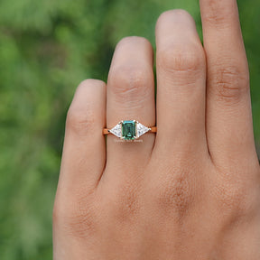 Emerald And Triangle Moissanite Three Stone Ring